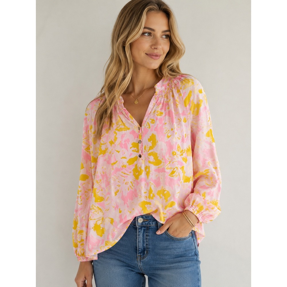 Lilly Pulitzer Elsa Silk Blouse Pink Yellow Floral Abstract Smocked Top XS